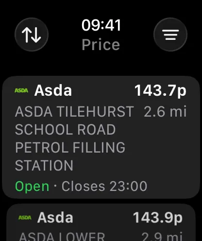 Range app on Apple Watch showing nearby fuel prices